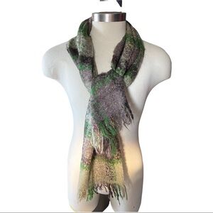 Guillaum de Mons Paris Green, Purple, Grey & Metallic Check Plaid Scarf 58”x11”